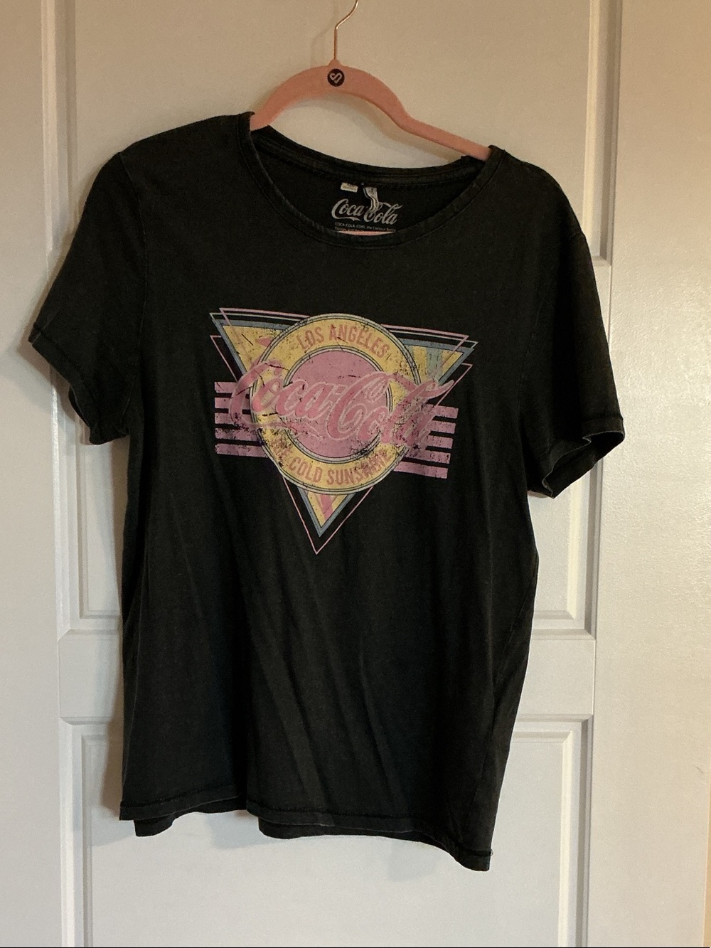 Coca-Cola Vintage Black Tee with Pastel Pink, Yellow & Light Blue Logo